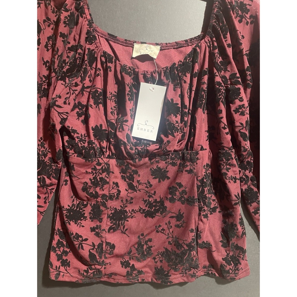 Ember Womens Burgundy  Long‎ Sleeve  Black Large velvet  Witchy Floral Goth NWT - Picture 2 of 4